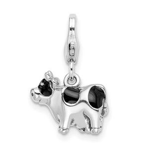 925 Sterling Silver Polished 3-D Enameled Cow Bracelet Charm Lobster Clasp